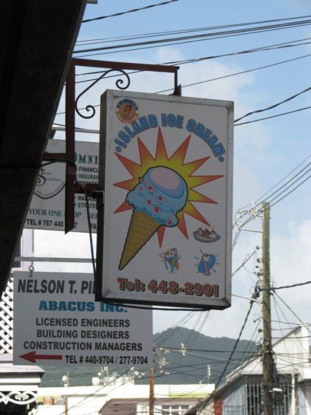 Sign for an ice cream shop in Roseau Dominica