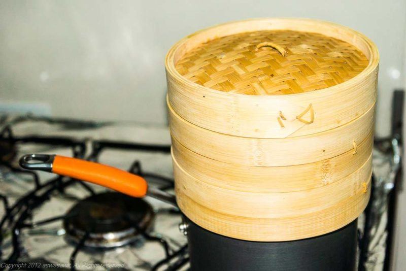 Bambo steamer on a stovetop