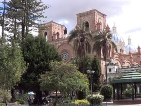 View of the church's blue domes in Parque Calderon Cuenca Ecuador