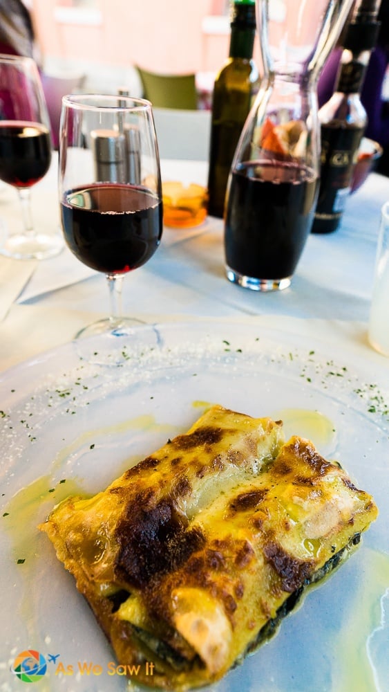 red wine and the meat lasagne in Murano