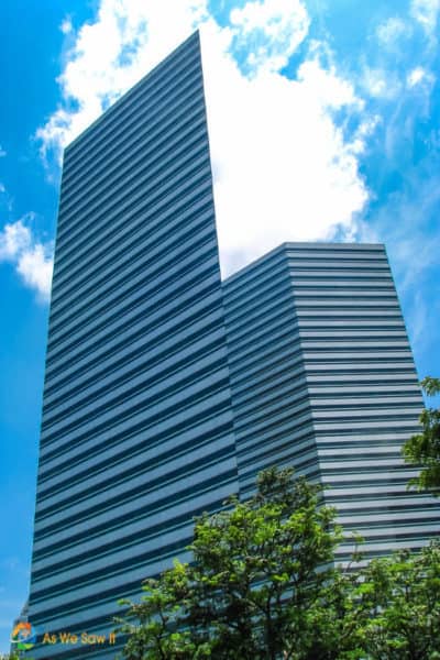 Twin office buildings in Singapore that look two dimensional.
