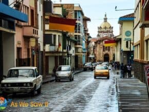 church and cobbled street in El Centro Cuenca Ecuador
