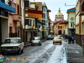 church and cobbled street in El Centro Cuenca Ecuador