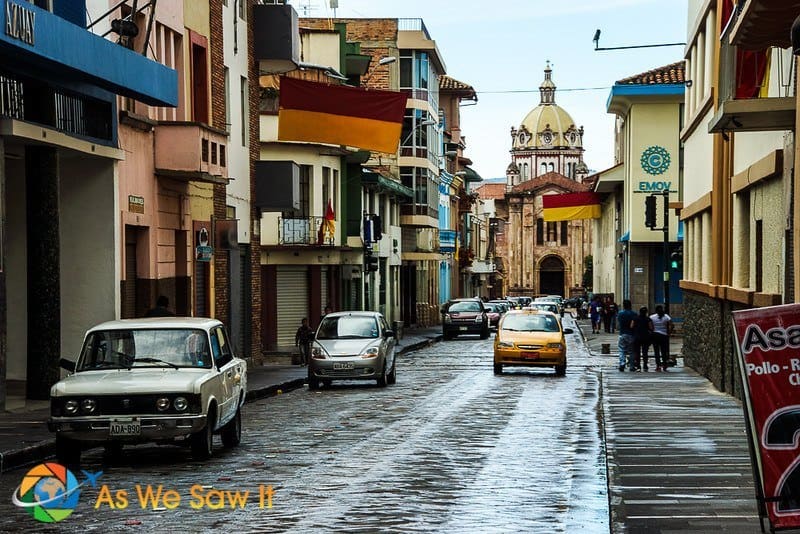 church and cobbled street in El Centro Cuenca Ecuador