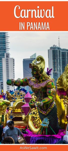 Purple and gold statue of a person on a parade float at Carnival in Panama