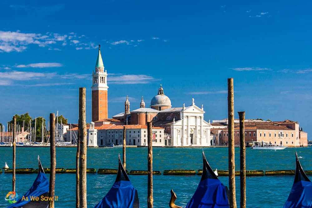 Gondolas and skyline of St Mark's Square Venice Italy