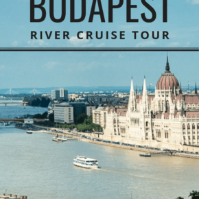 cruise boat on Danube river in Budapest. Text overlay says Viking Cruise Journal Budapest River Cruise Tour