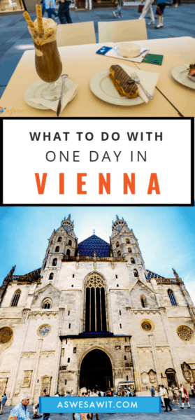 Collage of Viennese pastry and iced coffee on top, St. Stephens cathedral on bottom. Text overlay says what to do with one day in Vienna