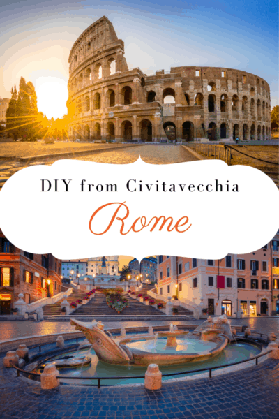 Colosseum at sunset and trevi fountain text says DIY from Civitavecchia Rome
