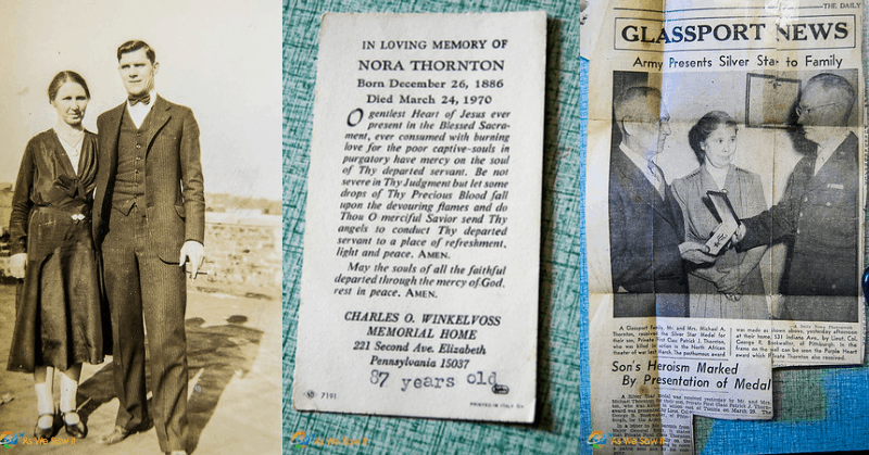 Canavan couple who built the home, funeral card of Nora Canavan, and a newspaper clipping about a war hero being honored.