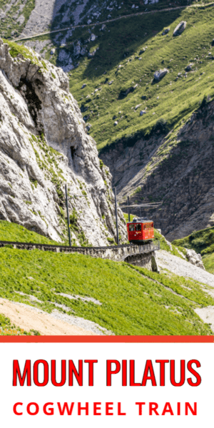 Red train goes down the track on Mount Pilatus. Text block says Mount Pilatus cogwheel train