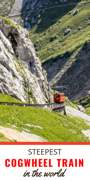 Red train goes down the track on Mount Pilatus. Text block says Steepest cogwheel train in the world