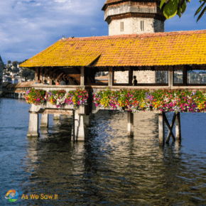 Lucerne's iconic bridge with text beneath that says lucerne switzerland