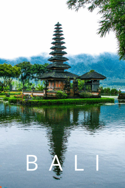 Balinese temple Ulun Danu Bratan in Bedugul, Indonesia. Text overlay says BALI.