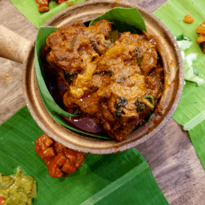 dish of Indian food on banana leaves