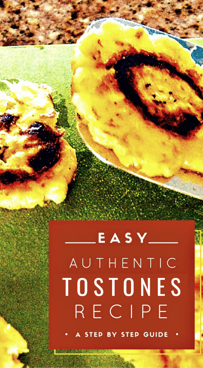 metal spatula holding freshly fried plantain chip - text overlay says easy authentic tostones recipe, a step by step guide.