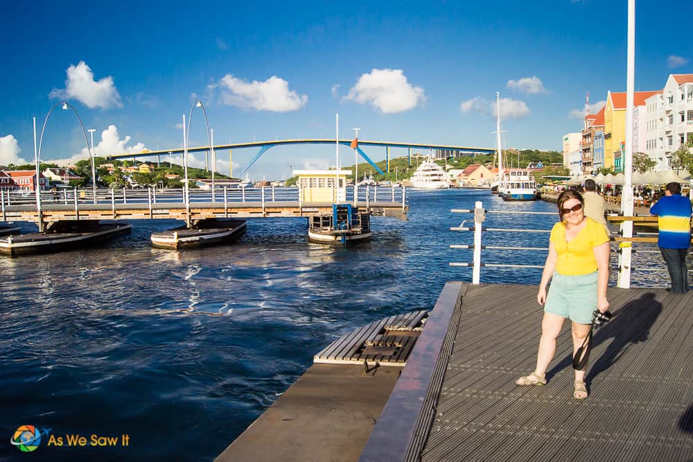 View from Queen Emma pontoon bridge, looking at queen juliana, a high bridge in the backgrouind