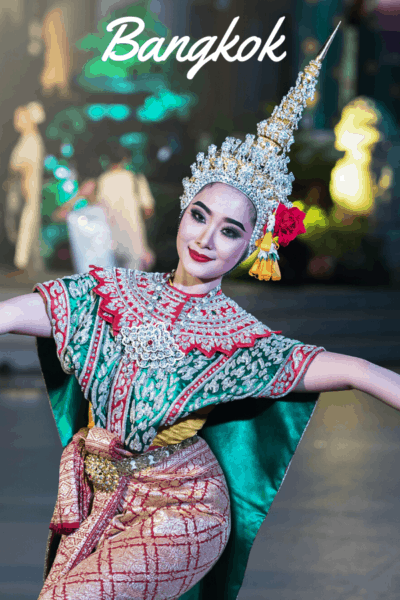 Thai woman dancing in bangkok thailand text says bangkok