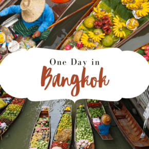 floating market in bangkok thailand text says one day in bangkok
