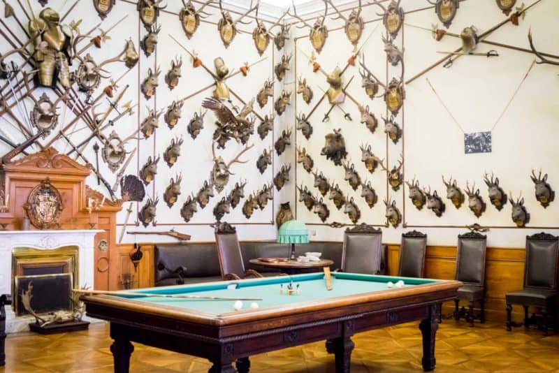 billiard table and antlers mounted on hunting room wall