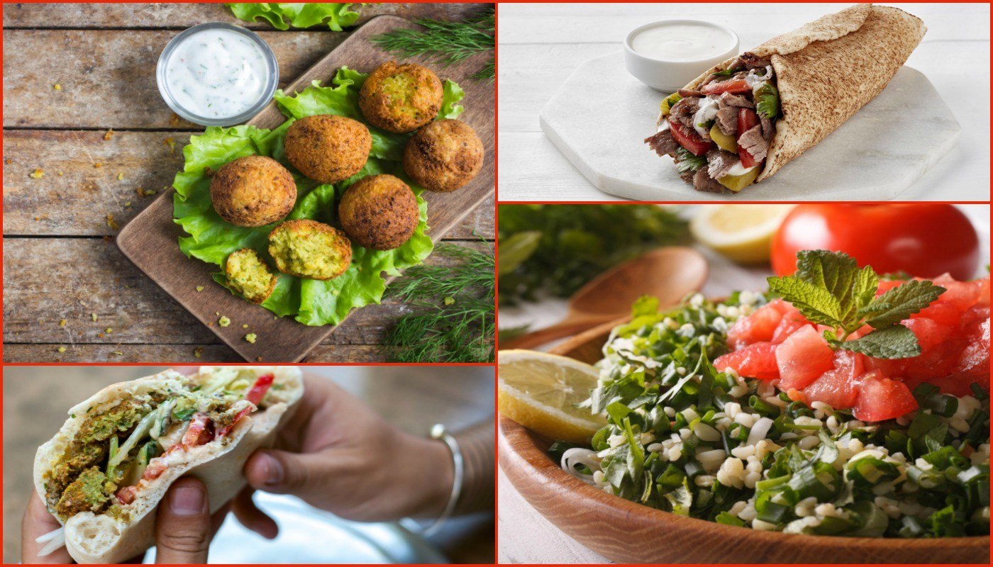 Collage of 4 healthy middle eastern foods on an Arabic food menu