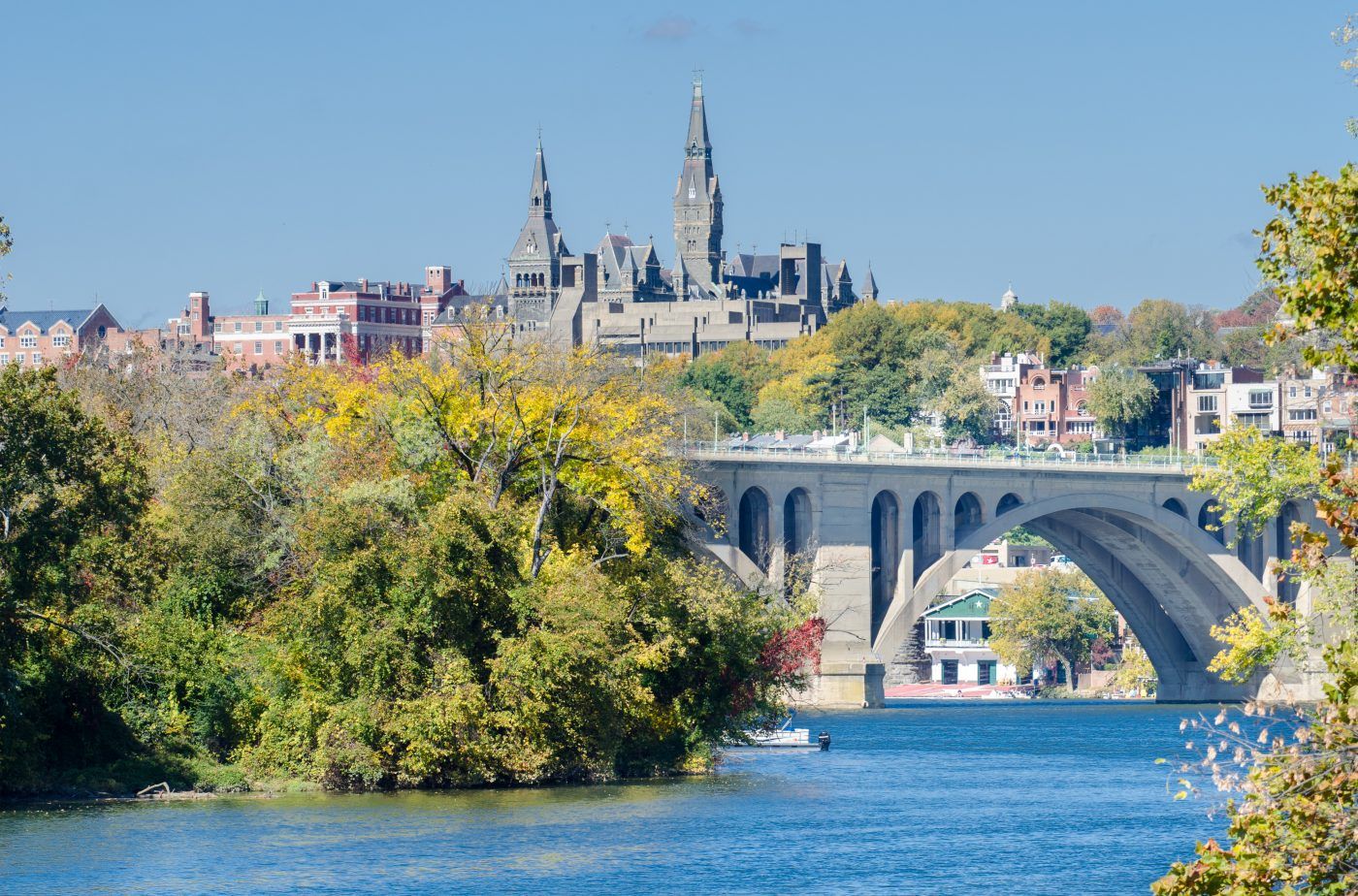 Washington D.C. with young kids - view of Georgetown and Key bridge over the Potomac River in autumn