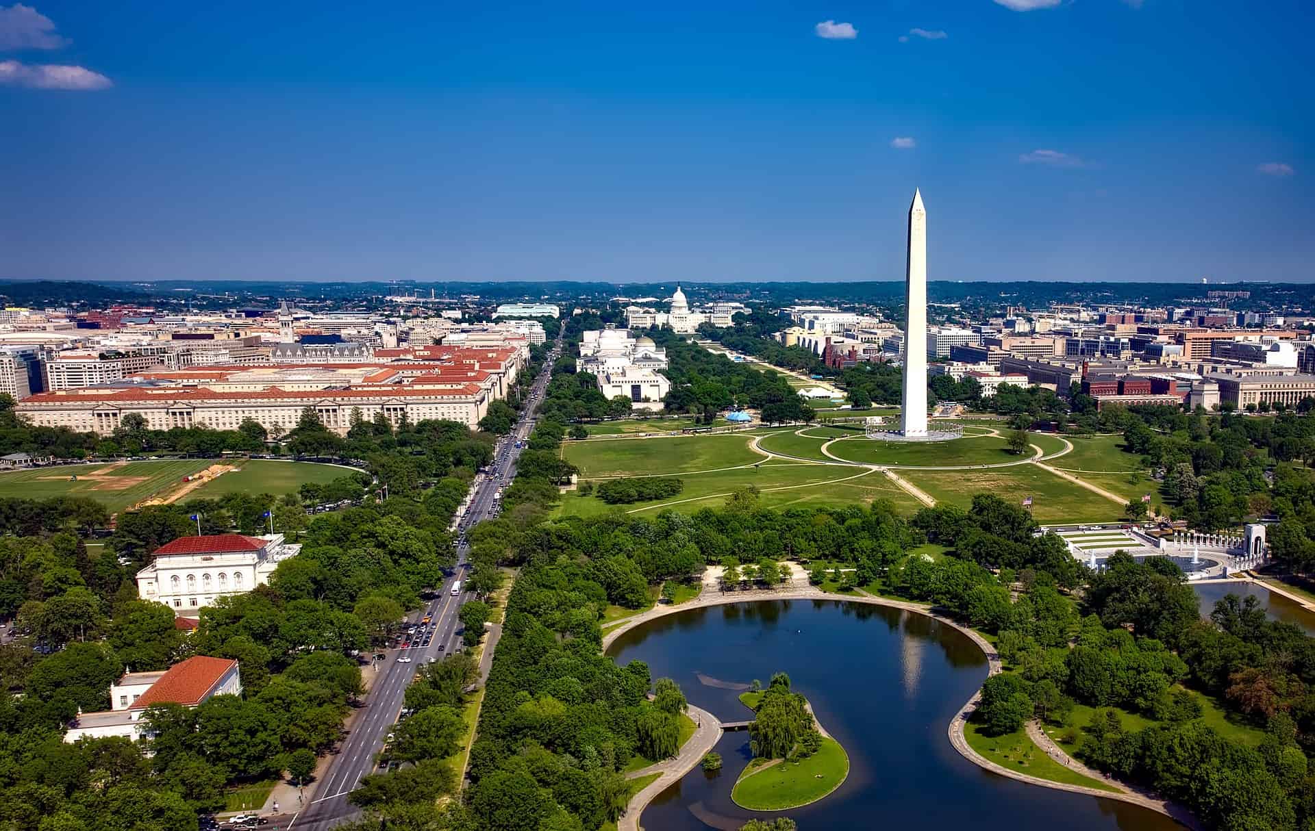 View of reflecting pool and Washington Monument on National Mall from the top of the LIncoln Memorial steps in Washington DC