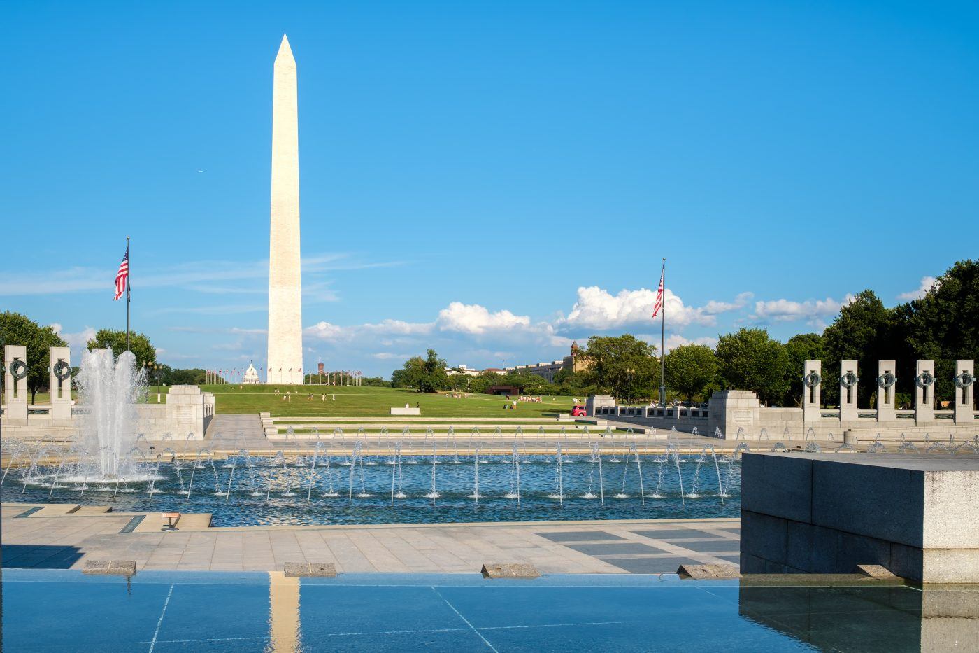 One of the best things to do in DC with kids is the Washington Monument and fountains on the National Mall