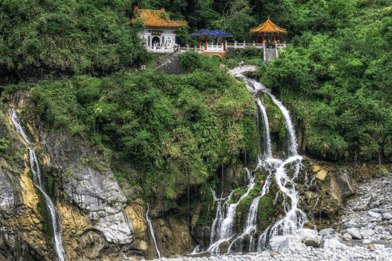 The eternal Spring Shrine at top of a waterfall in Taroko Gorge. This is a must see Taiwan destination