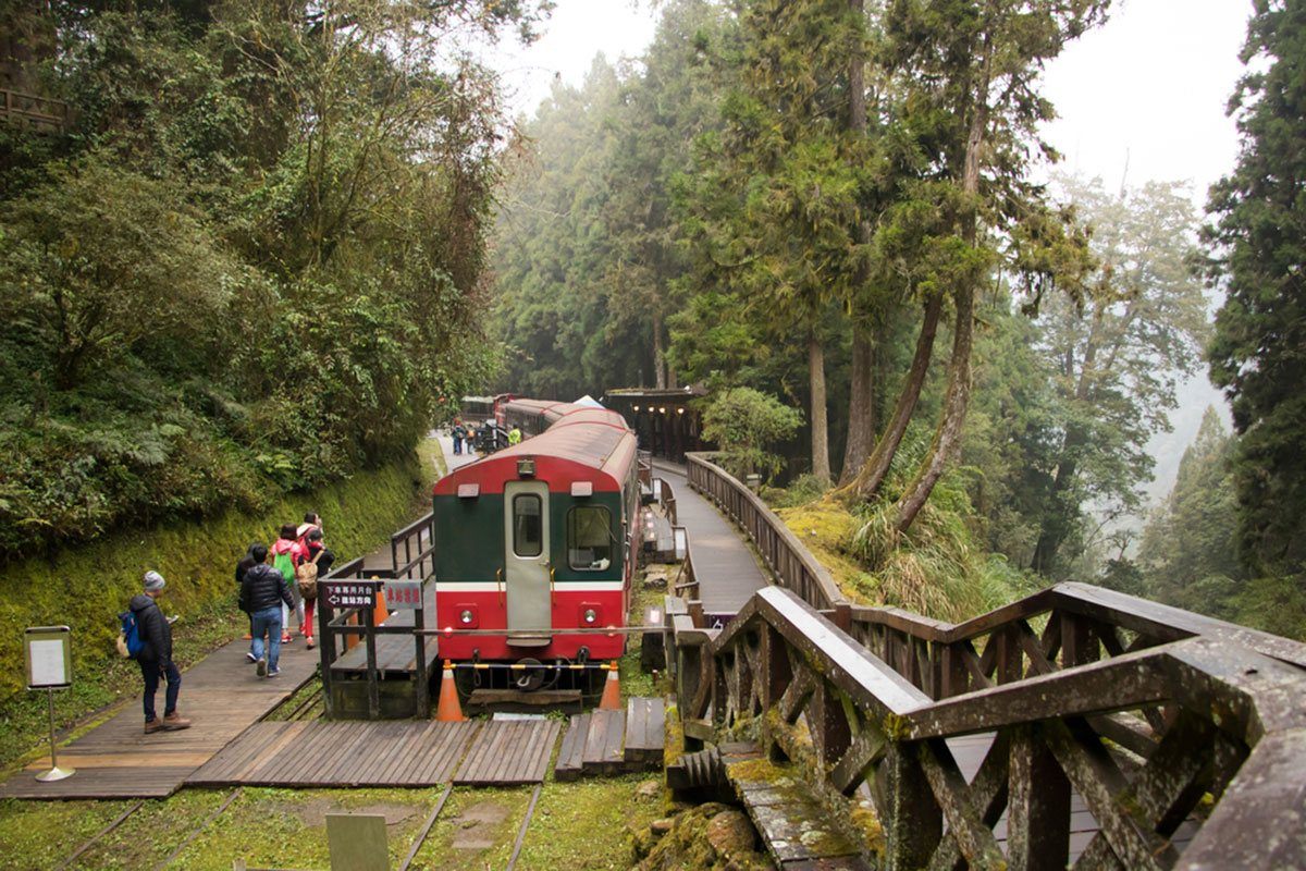 Passengers approach the departure point in Alishan Forest Railway.