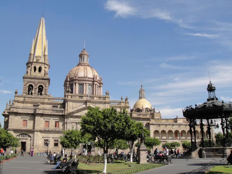 Large domed building fronted by park and tree in Guadalajara Mexico