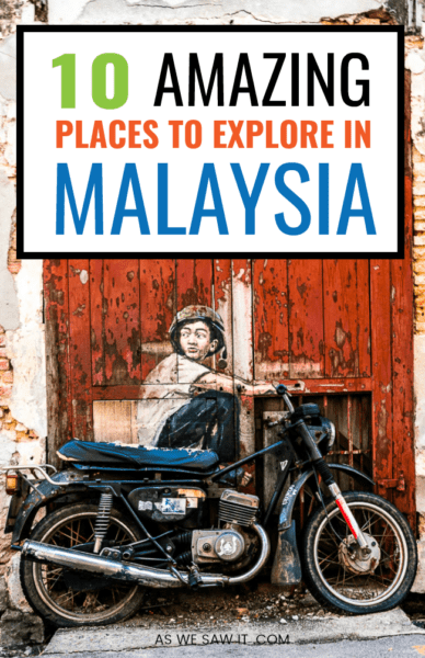 Boy on motorcycle painting from Penang street art with text overlay 10 amazing places to explore in Malaysia