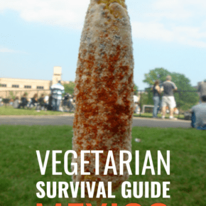 stick of corn covered in spices and cheese. text overlay Vegetarian survival guide mexico.