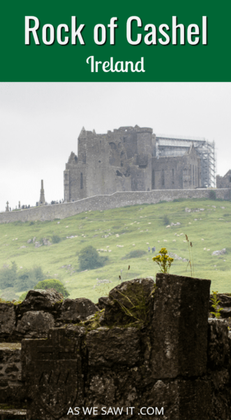 Rock of Cashel as seen from a distance - overlay says rock of cashel ireland.