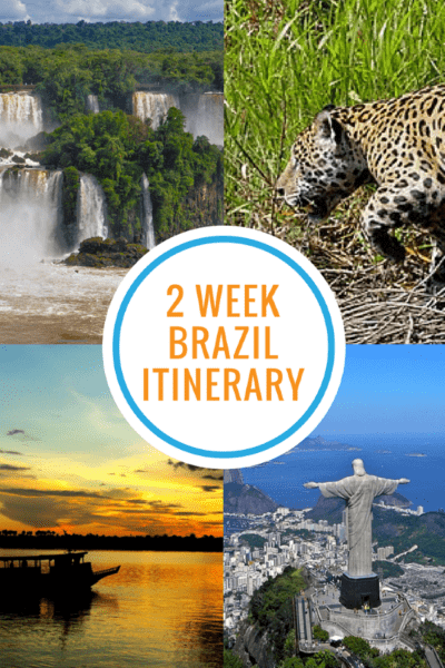 4-image collage of Christ the Redeemer, jaguar, Iguassu Falls and Amazon boat with text overlay on white circle that says 2 Week Brazil Itinerary