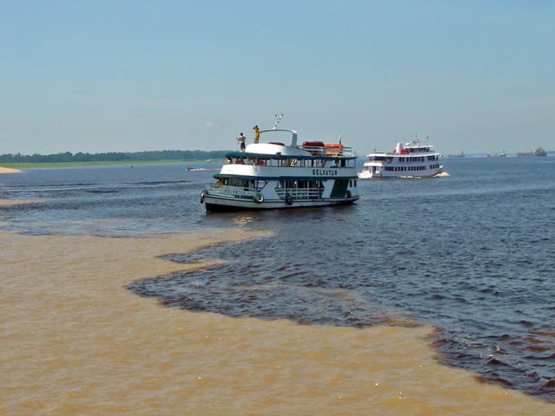 cruise boat approaches the tan and black water division at Encontro das Aguas in Manaus