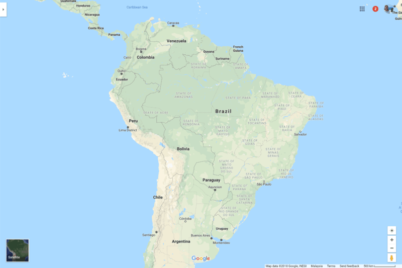 Map showoing where South American countries are located. The southern tip is cut off.