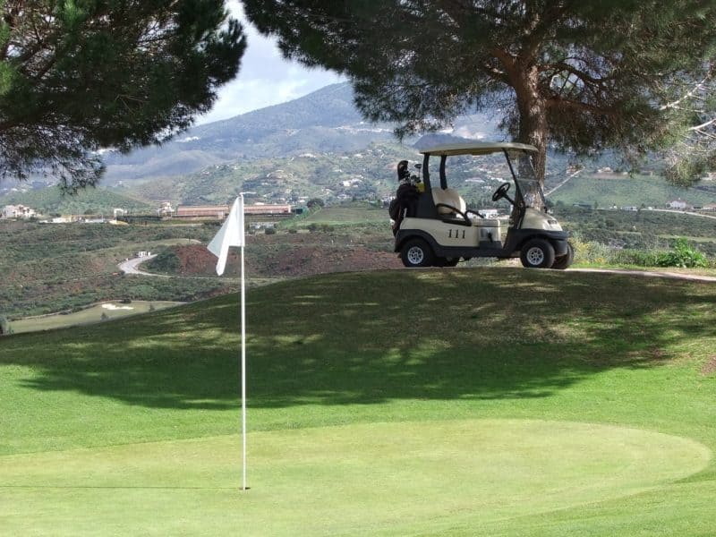 Golf cart parked under a tree, flag in front