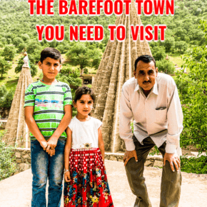 Yazidi father hunches down next to his son and daughter. Overlay says Lalish the Barefood Town You Need to Visit Iraqi Kurdistan