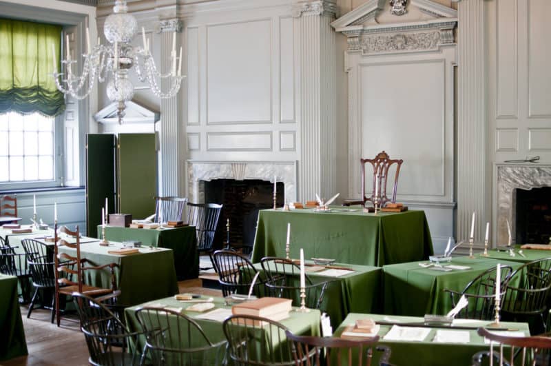 Desks inside the room where they signed the Declaration of Independence.