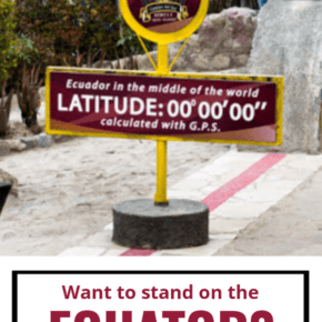 Latitude zero Equator line sign in Quito Ecuador Text overlay says want to stand on the equator? It's not where they say!