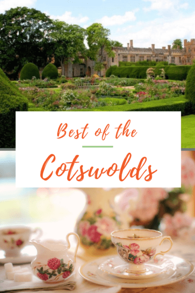 Collage of an English country house behind a manicured English garden above, Closeup of a bone china English tea set with roses below. Box with text overlay says best of the cotswolds