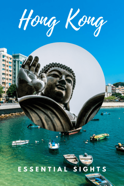 Stanley Village in background, Big Buddha in circular photo overlay. Text Overlay says Hong Kong Essential Sights