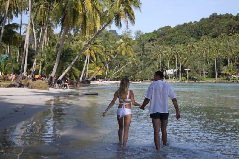 couple wading in water while holding hands. Palm trees in background