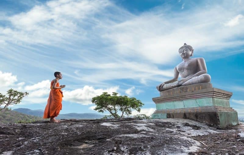 Buddhist monk in saffron road looking at a seated Buddha statue. Tree in center of photo, sky in background