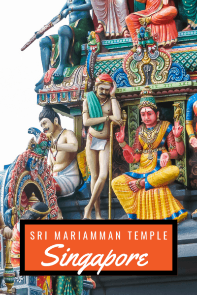 Closeup of figures from gopura of Sri Mariamman Temple Hindu temple in Singapore