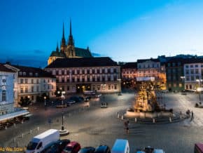 Night time on Zenly trh in Brno as the buildings display colorful lights