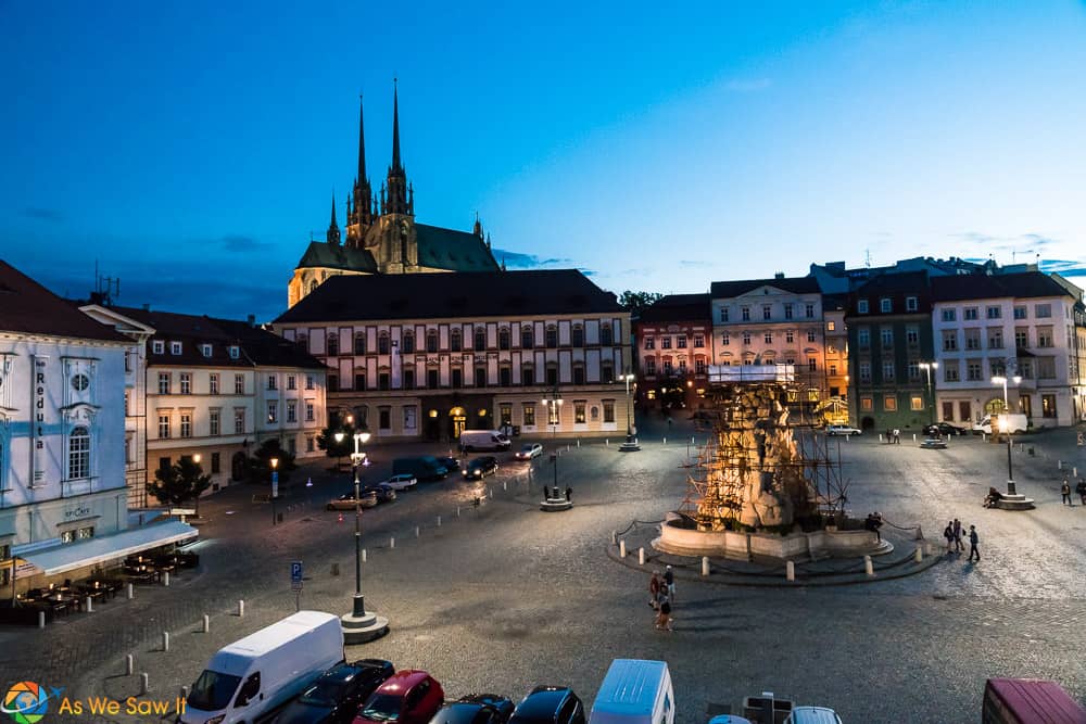 Night time on Zenly trh in Brno as the buildings display colorful lights