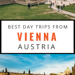 Top photo is of Devin Castle and people approaching it. Bottom photo is of cruise passengers on Charles Bridge in Prague. Text block says best day trips from Vienna Austria.