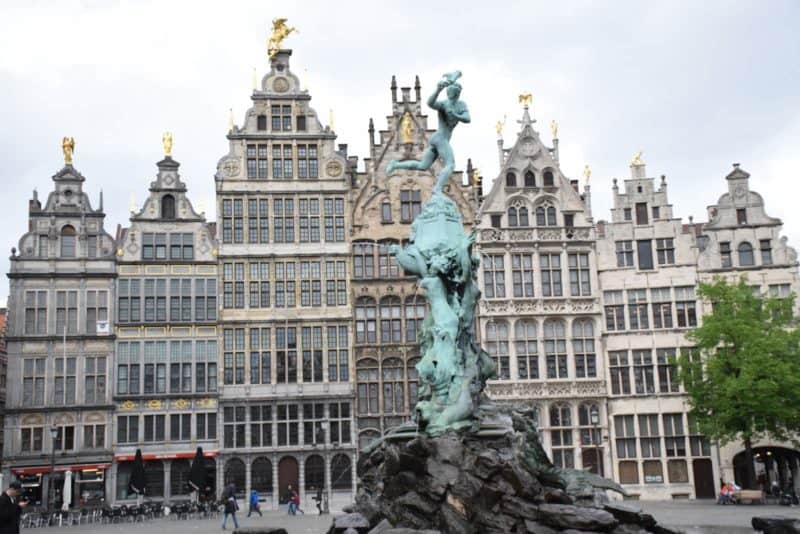 ornate fountain and houses in Antwerp Belgium